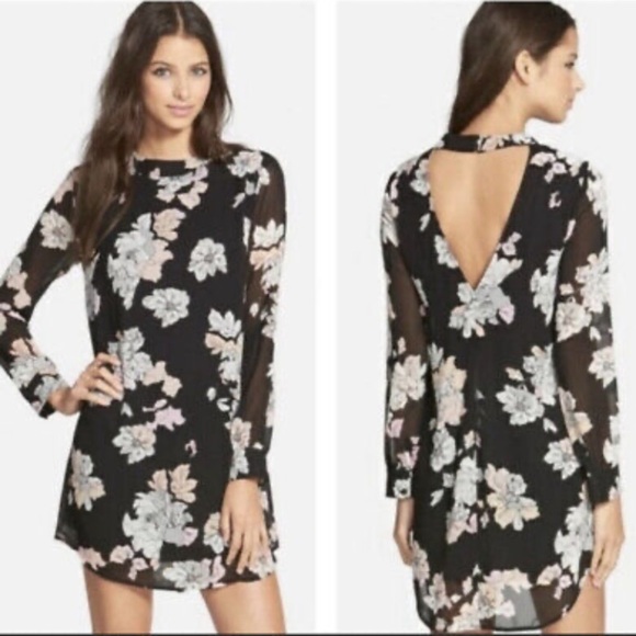 Astr Dresses & Skirts - ASTR Black Floral Shift Dress Cutout Sheer Long Sleeves Romantic Coquette Small